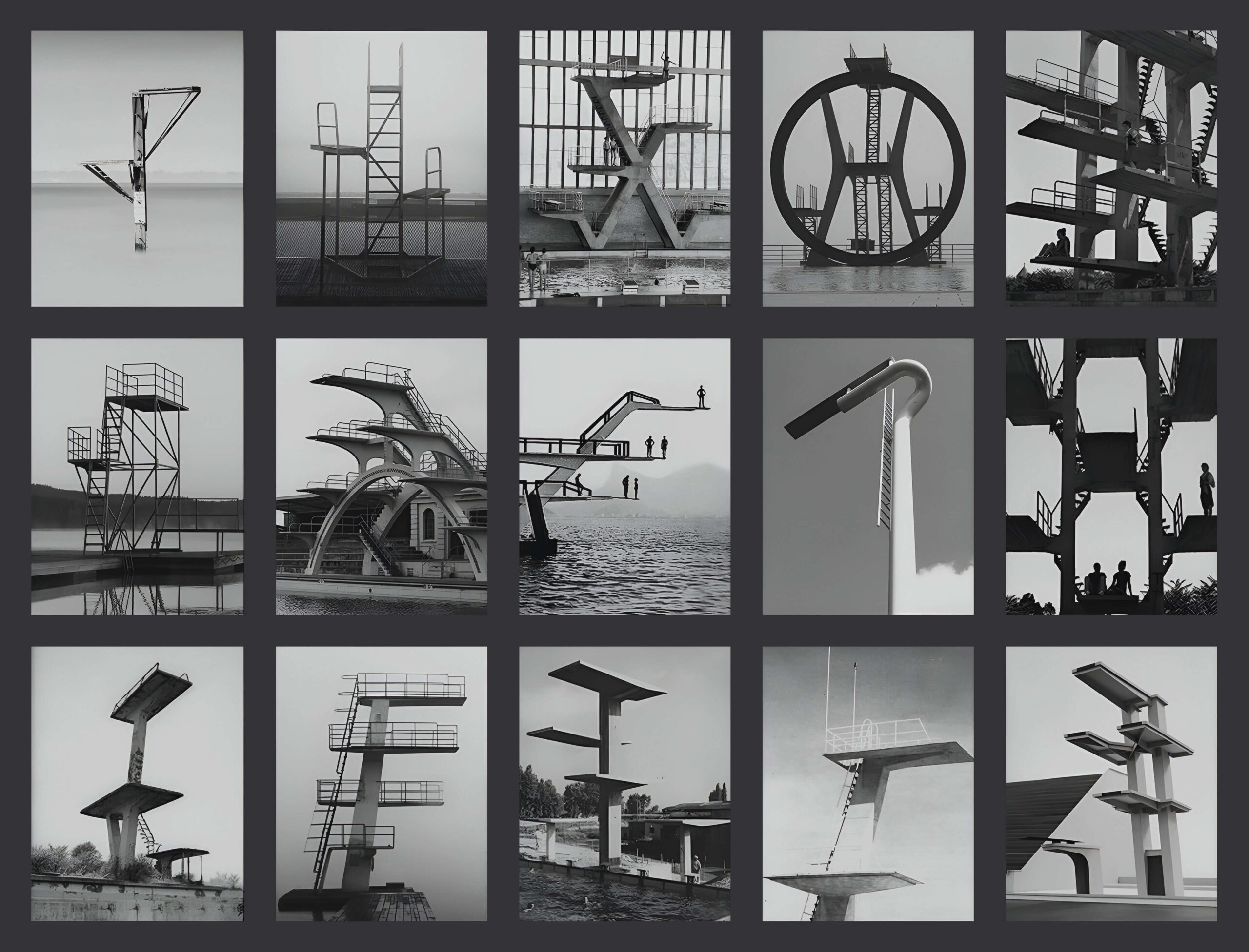 Grid of brutalist diving platforms.